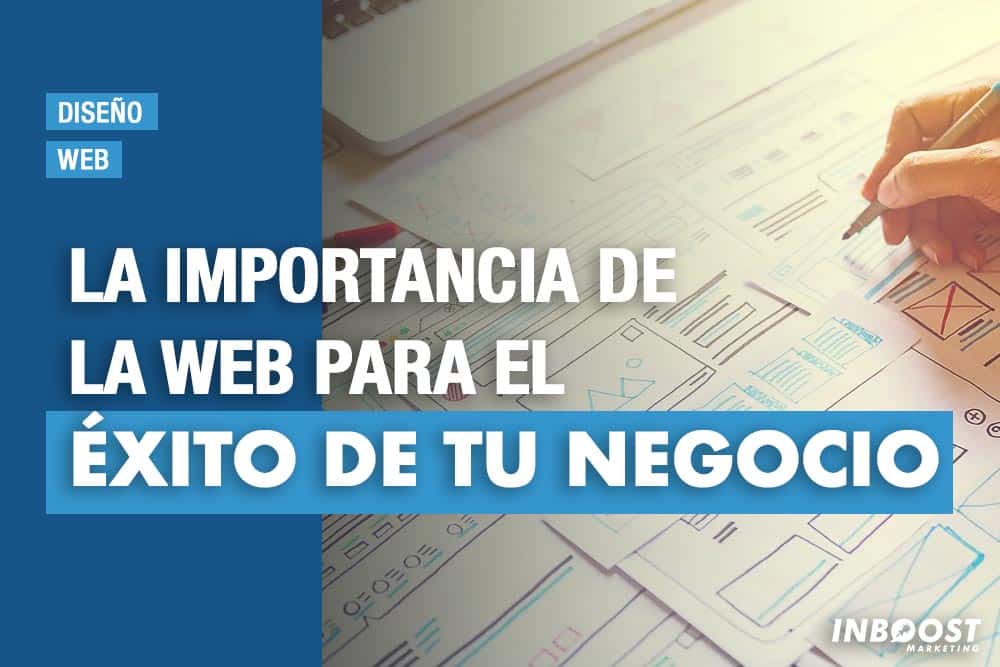 Persona trabajando ante un ordenador con texto sobre la importancia de la web para el negocio
