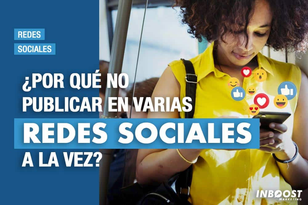 Persona con un móvil junto a una pregunta sobre publicar en varias redes sociales
