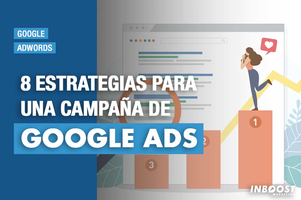 Ilustración de anuncios y gráficos de crecimiento en la portada sobre estrategias de Google Ads