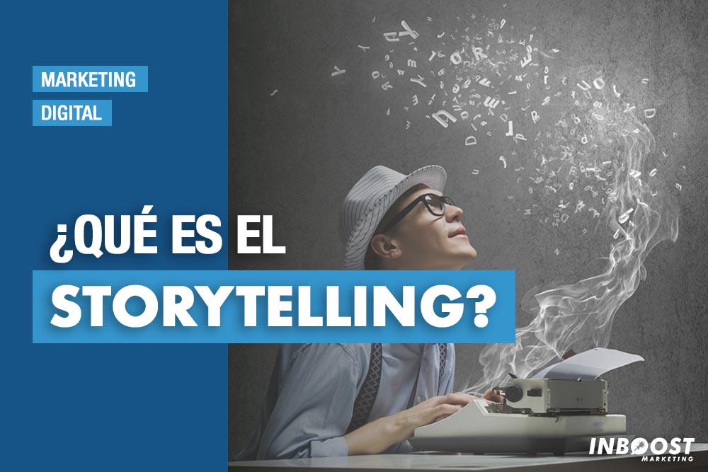 Persona ante una máquina de escribir con letras en el aire, como ilustración del storytelling