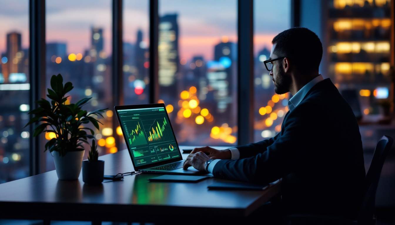 hombre trabajando de noche en un portatil