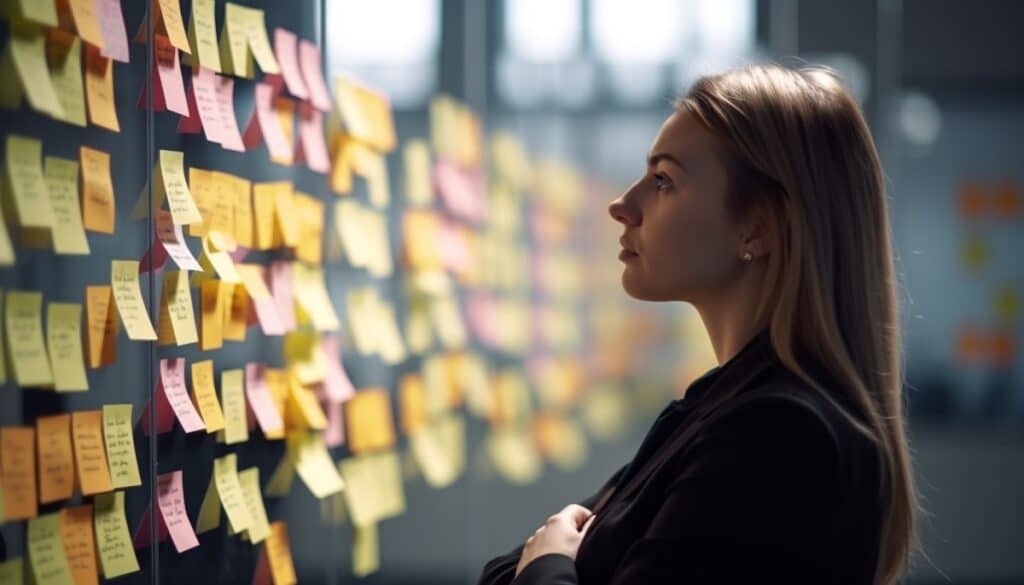 Mujer observando una pared con notas adhesivas