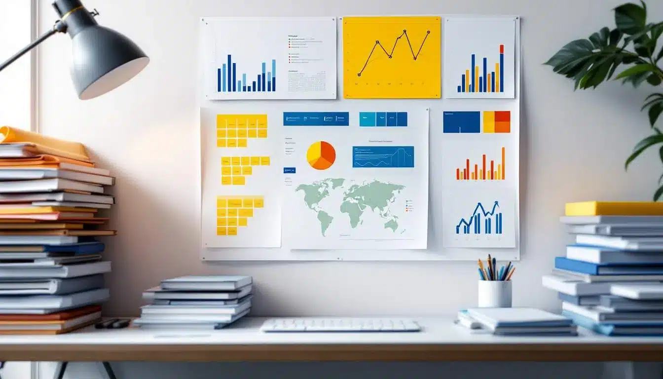 Panel con gráficos y notas de trabajo organizadas