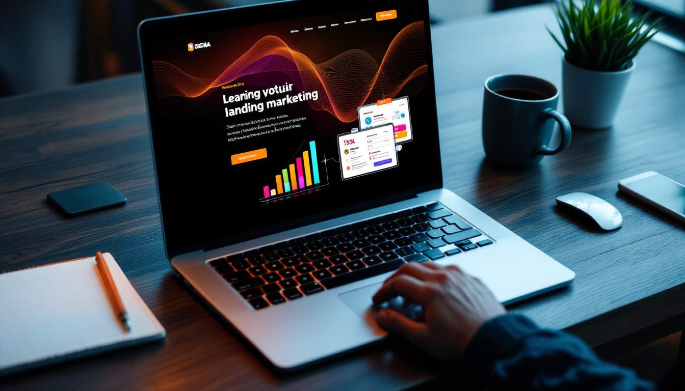 Portátil con una página de marketing y gráficos en pantalla