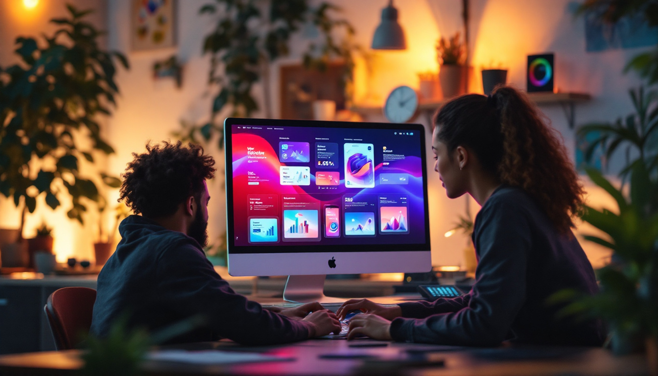 A photograph of a modern workspace featuring a diverse team of designers collaborating around a sleek computer